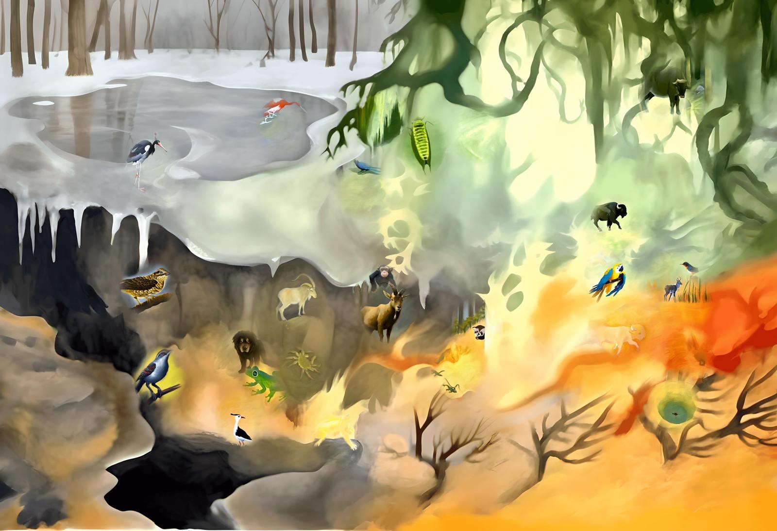 The evolving collective mural — watercolor landscape with symbolic animals